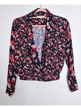Les Petites Paris Floral Long Sleeve Cropped Plunge V Blouse Top S, Haut Patch